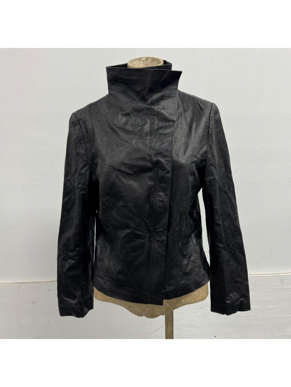 Vintage Black Funnel Neck Asymmetric Avant Garde Leather Jacket
